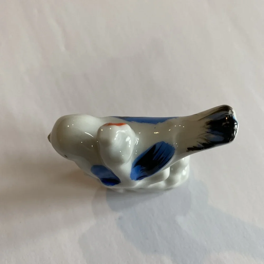 Bird Figurine White Blue Wings Miniature Perched Ceramic Hand Painted Japan VTG